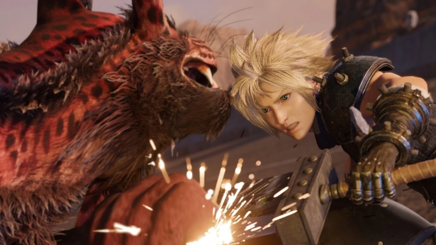 Cloud Strife facing off against Red XIII in a tense combat moment from Final Fantasy VII Revelation.