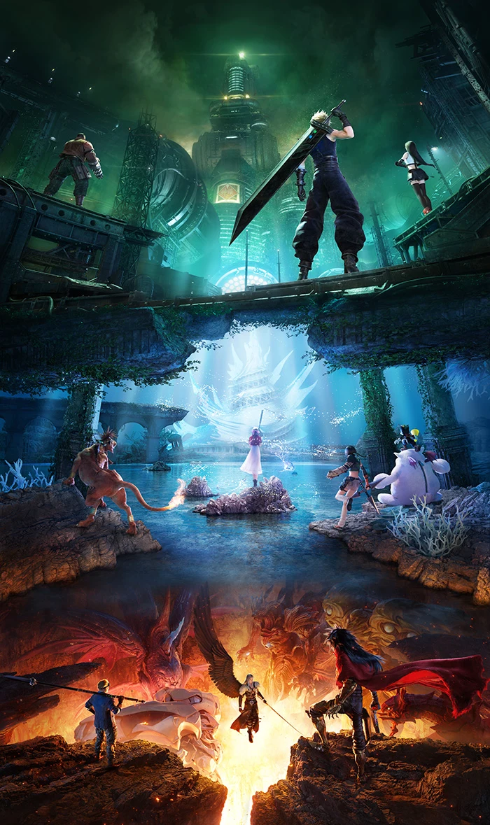 Official key art for Final Fantasy VII Revelation, showing Cloud, Barret, Tifa, Red XIII, Cid, Vincent and the rest of the party across a layered ruined cityscape.