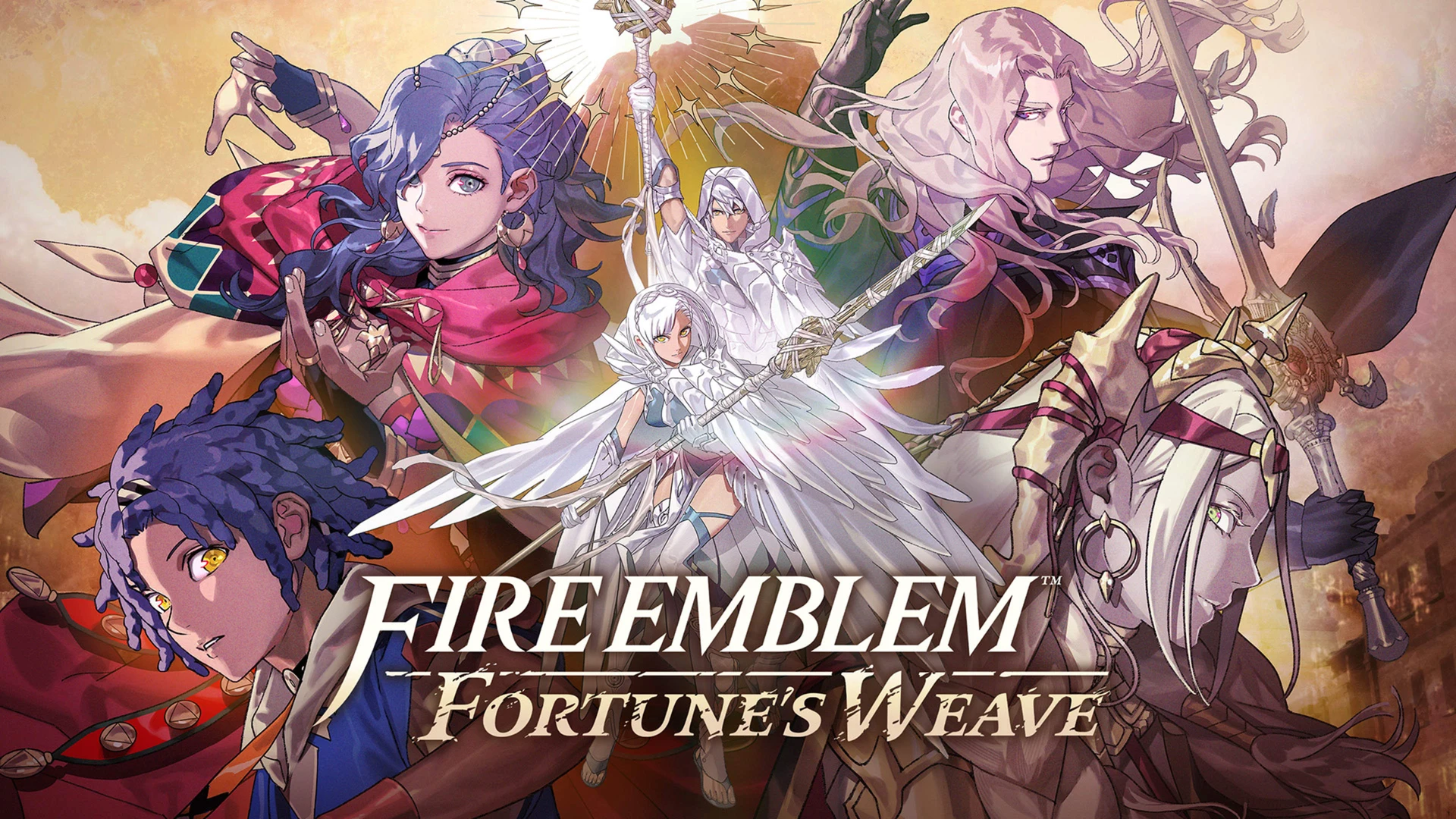 Official key art for Fire Emblem: Fortune's Weave, showing the four playable heroes Theodora, Dietrich, Leda and a white-robed figure around the game's logo.