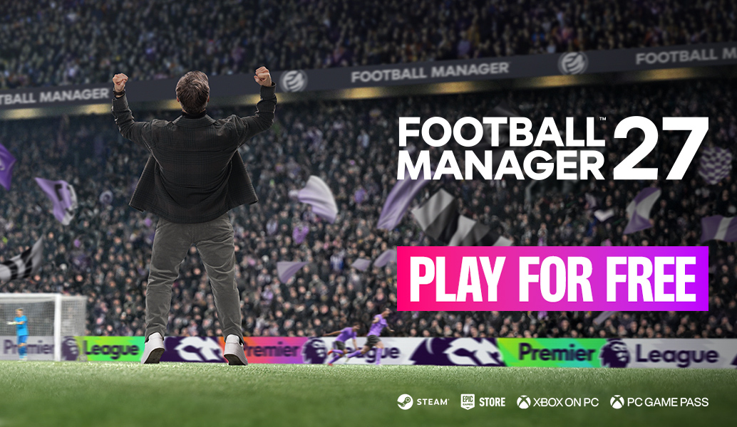A manager celebrates beside the pitch in Football Manager 27 artwork bearing the words Play for Free.