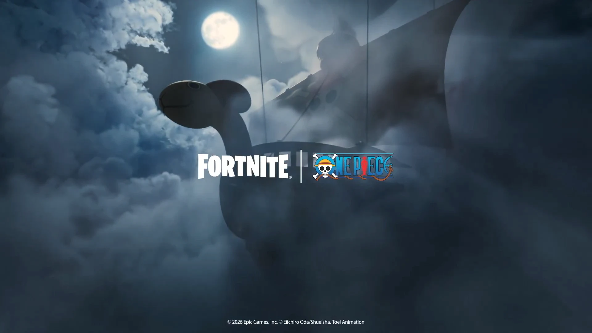 The Going Merry emerges from moonlit clouds behind the Fortnite and One Piece logos in Epic Games' official teaser.