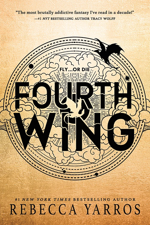 Fourth Wing novel cover with black dragon silhouettes and the title against a gold background.