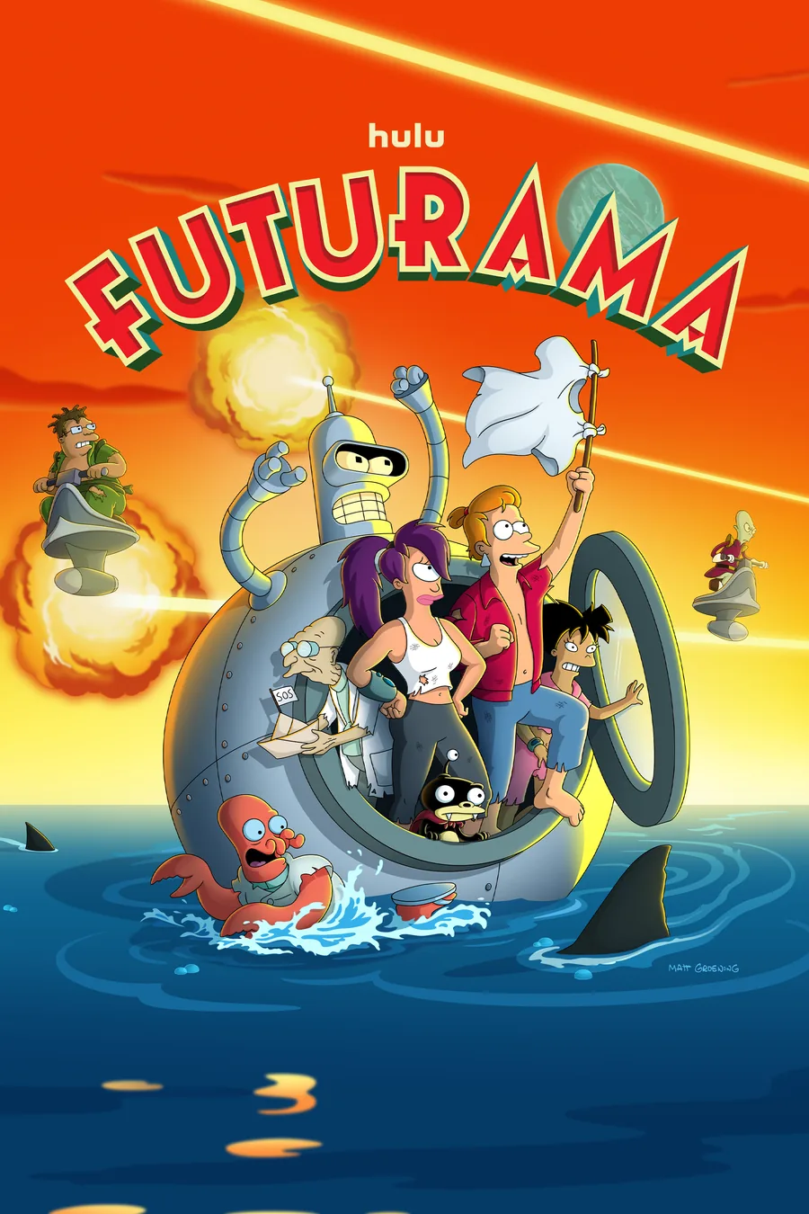 Fry, Leela, Bender and other Futurama characters in Hulu's official Season 14 key art.