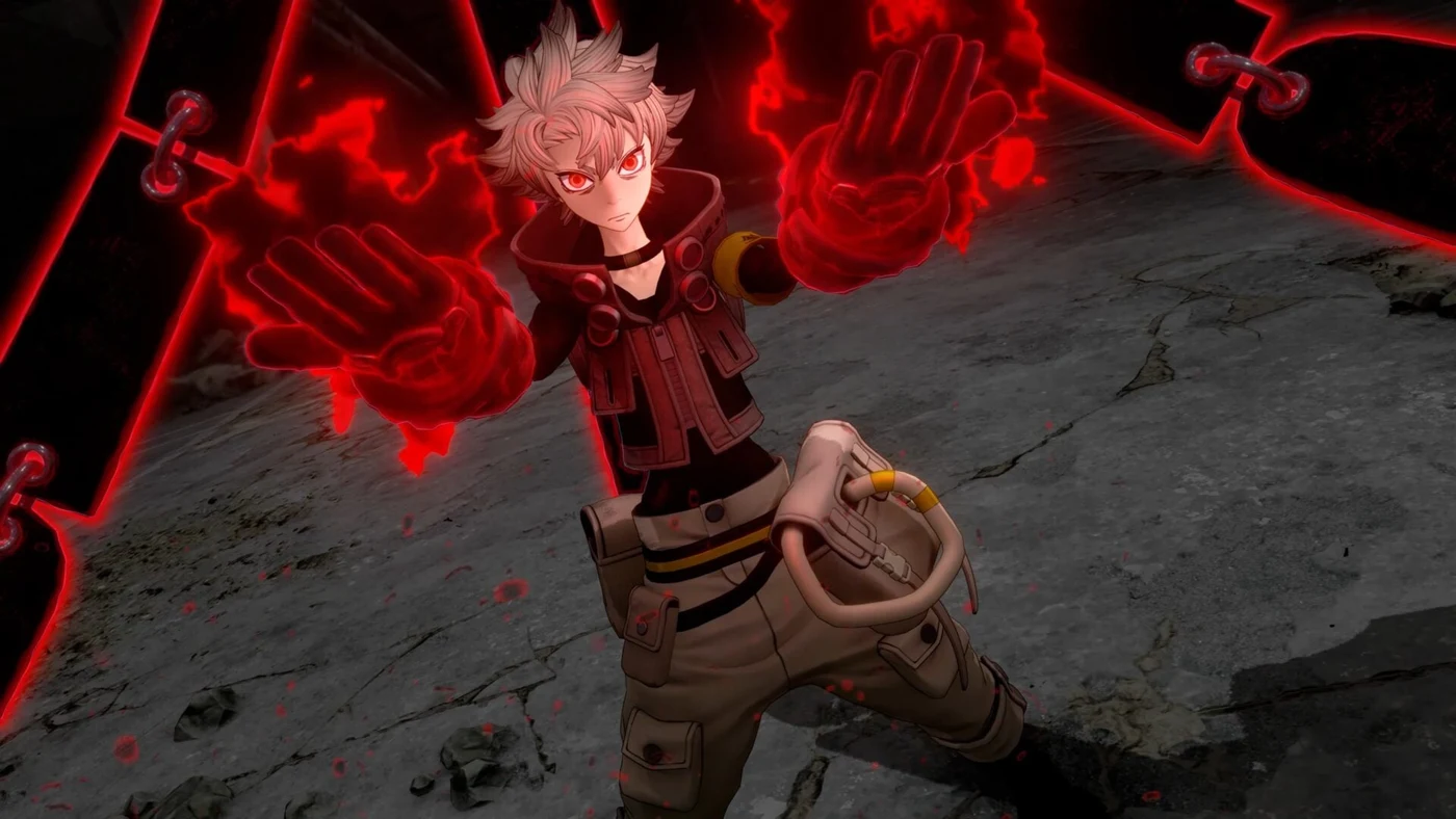 Rudo activating his glowing red Giver's Ability with both hands in an official GACHIAKUTA: BREAKOUT gameplay screenshot.