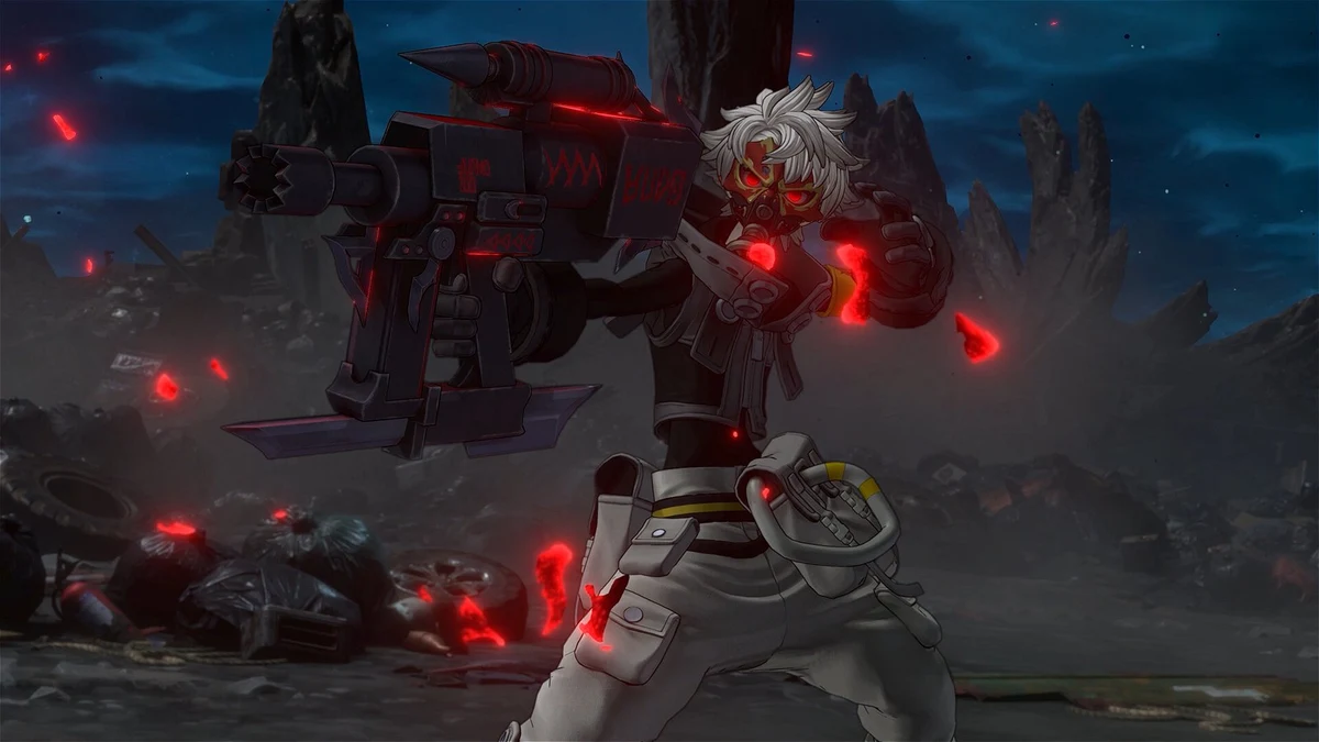 Rudo wielding a weaponized, glowing red trash weapon in an official GACHIAKUTA: BREAKOUT gameplay screenshot, surrounded by discarded junk.