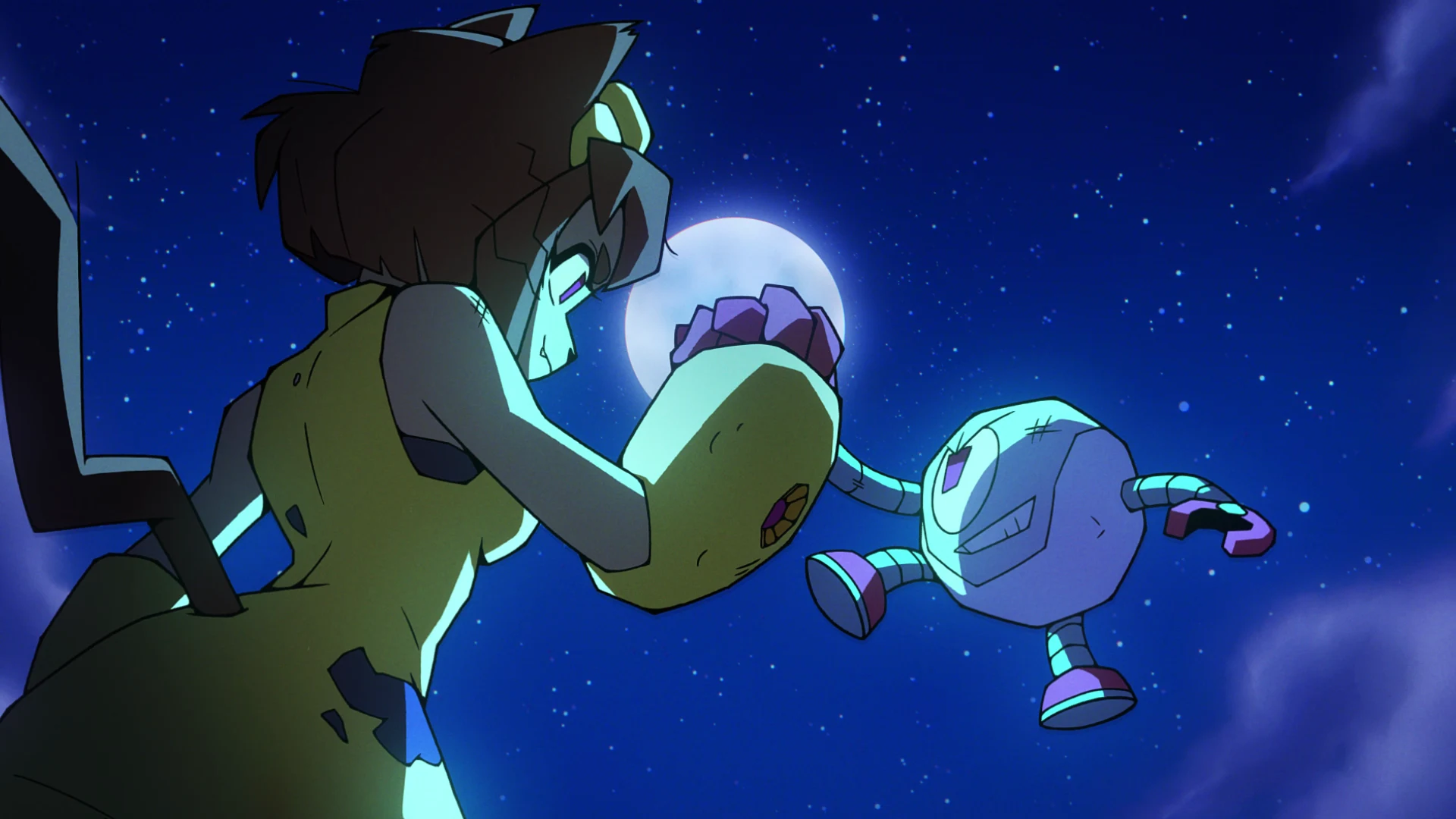 Kit and a round robot appear against a moonlit starfield in an official Gameoverse still.