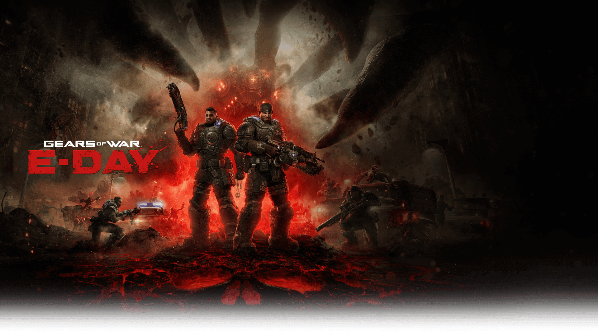 Official Gears of War: E-Day key art showing Marcus and Dom amid the Emergence Day assault.