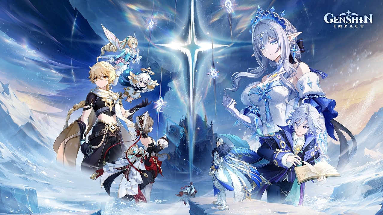 Genshin Impact characters appear amid snow and a luminous central spire in the official Version 7.2 Hour of Ruin trailer artwork.