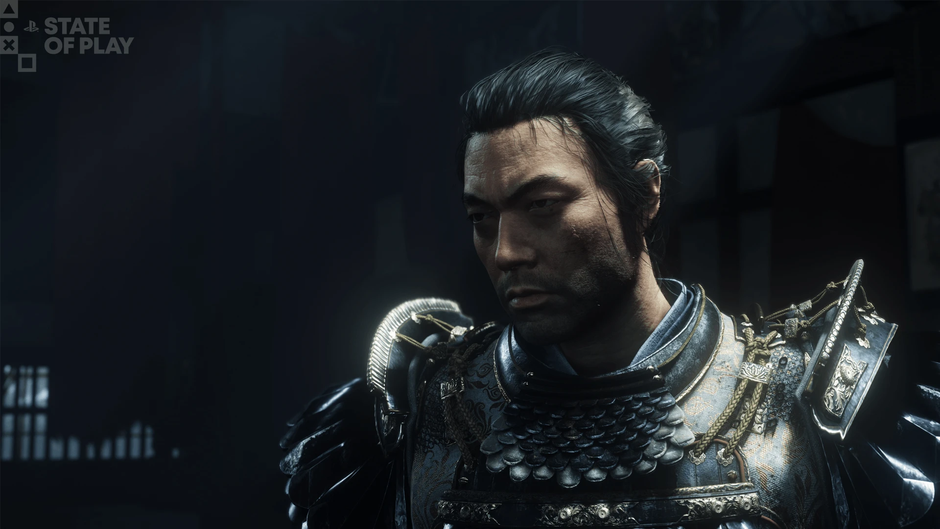 Jin Sakai in armor as he appears in Ghost of Yōtei: Most Wanted, revealed during PlayStation's State of Play.