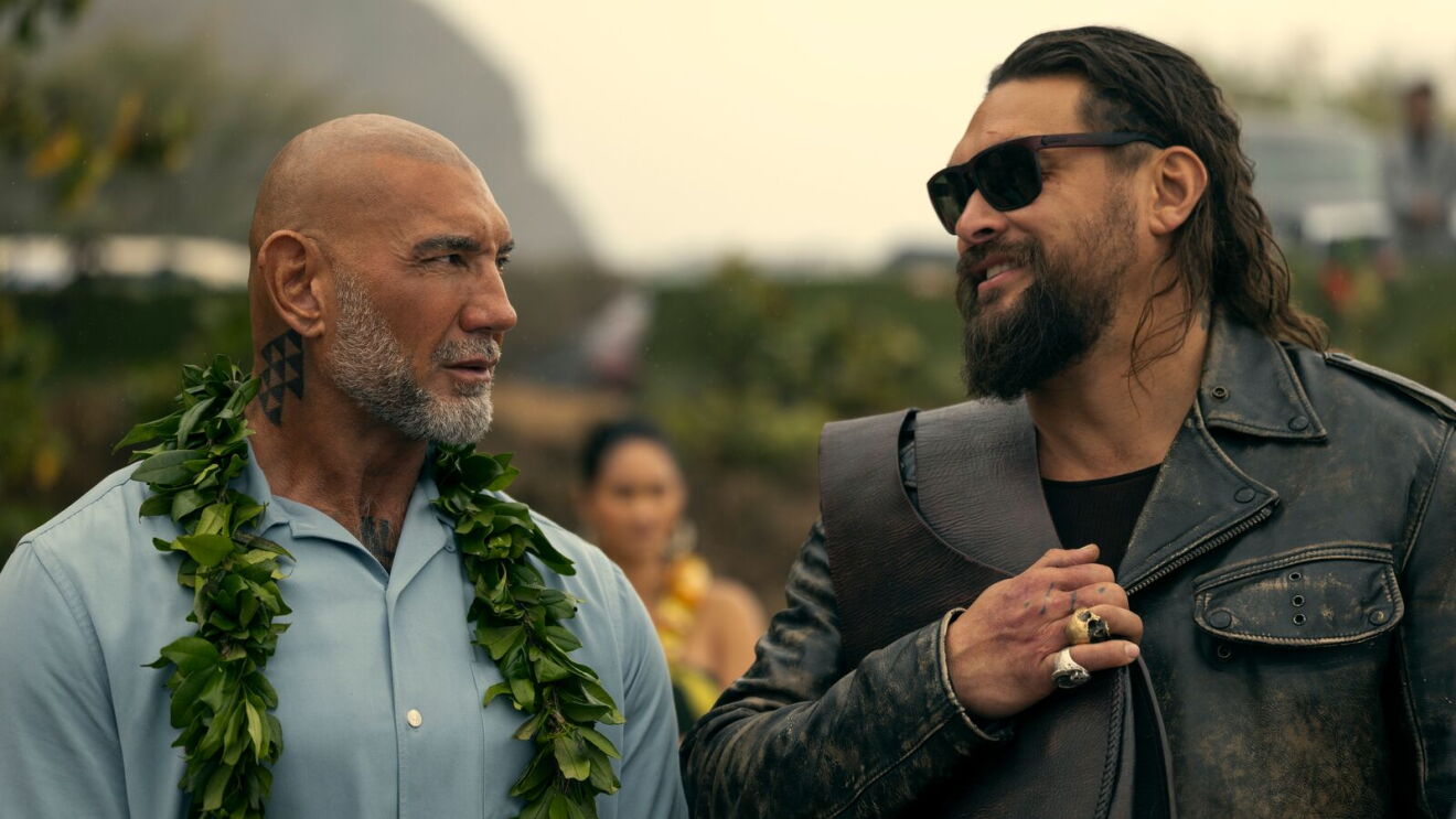 Dave Bautista as James beside Jason Momoa as Jonny in Prime Video's The Wrecking Crew.