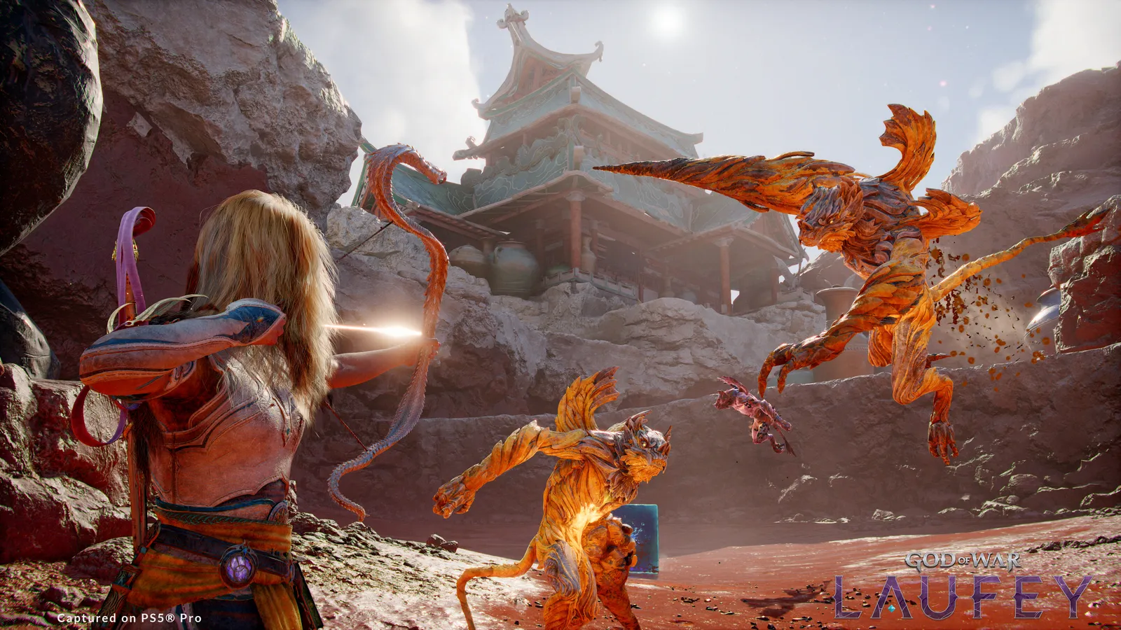 Faye aims the Serpent Bow toward enemies in an official God of War Laufey gameplay screenshot.