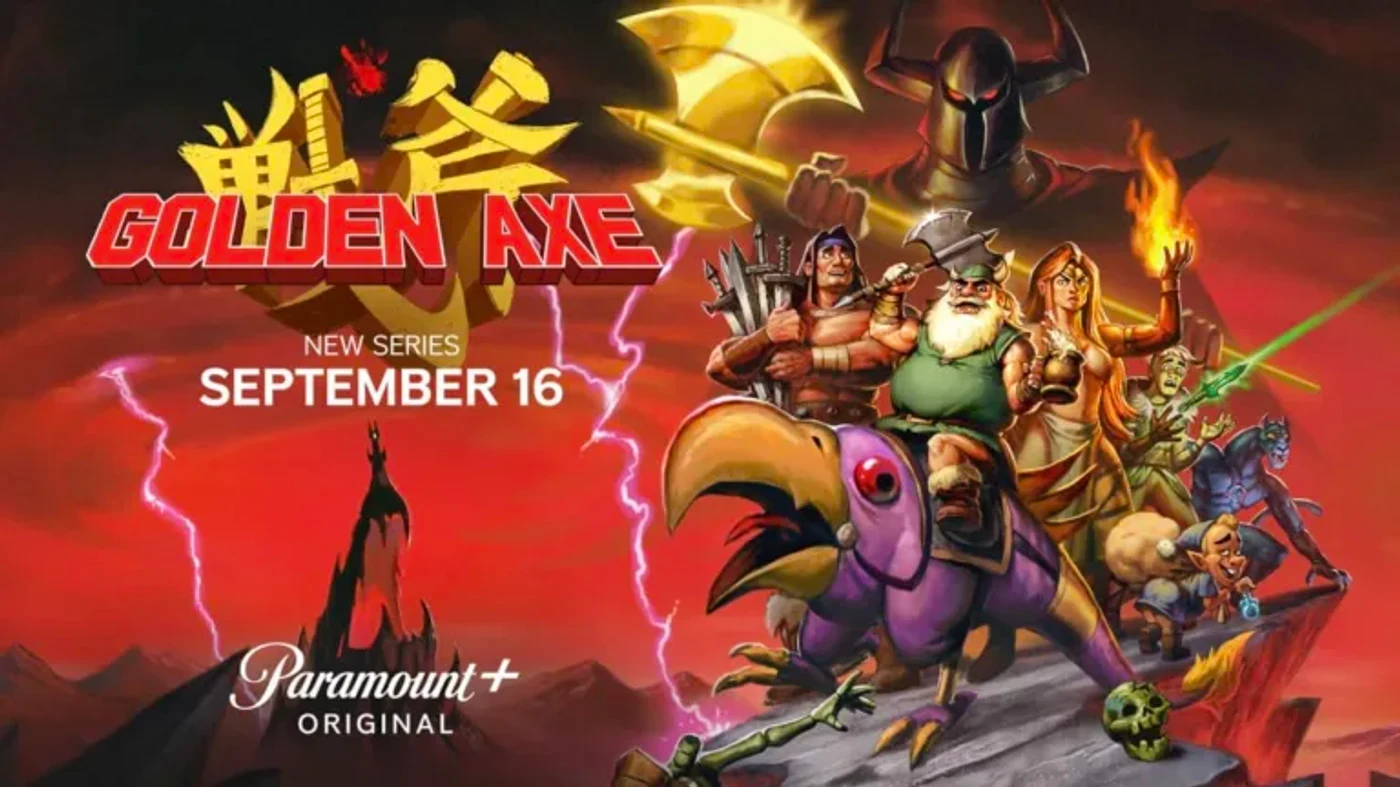 Official key art for Paramount+'s Golden Axe animated series, showing Ax Battler, Gilius Thunderhead, Tyris Flare, Chronos 'Evil' Lait and Hampton Squib riding a giant bird, with Death Adder looming behind them.