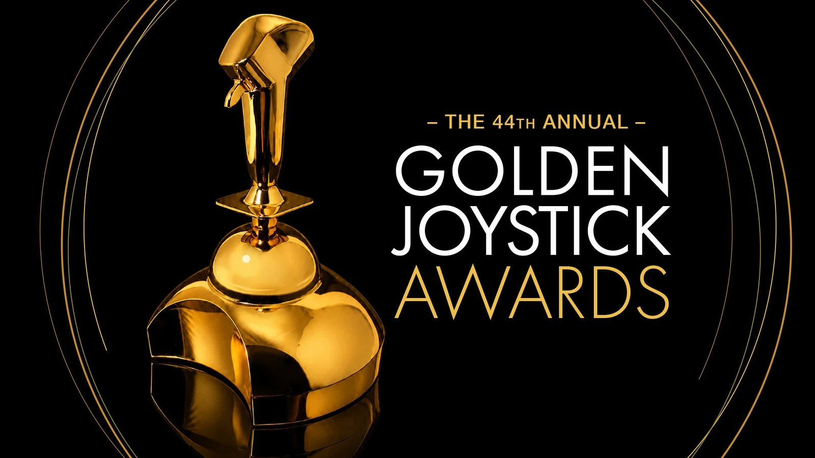 Official artwork for the 44th annual Golden Joystick Awards shows the gold joystick trophy against a black background.