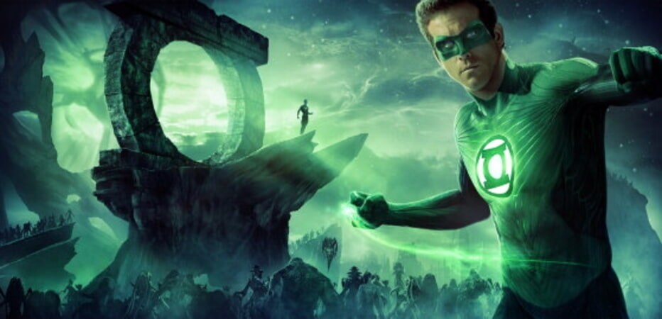 Ryan Reynolds in the fully digital Green Lantern suit against the backdrop of Oa in Green Lantern (2011).
