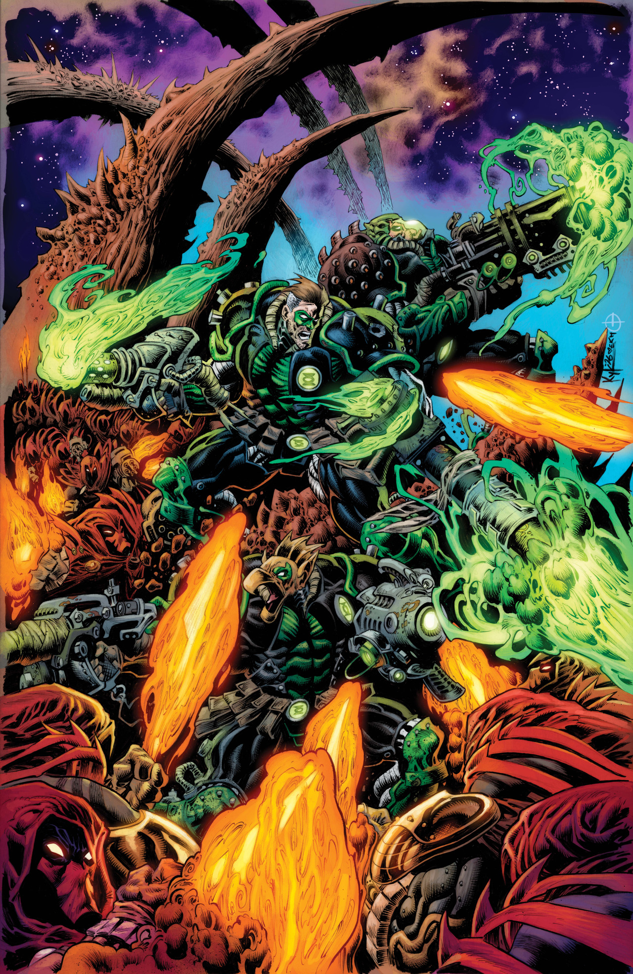 A Green Lantern warrior fires glowing energy through a chaotic alien battlefield in Kyle Hotz’s Doomed Cosmos #1 main cover artwork.