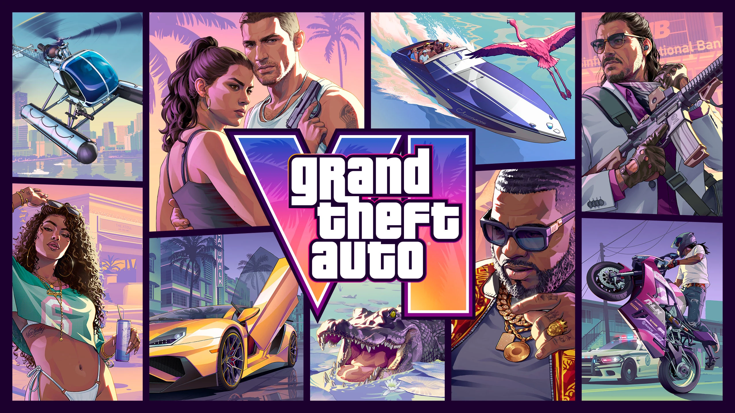 Official Grand Theft Auto VI cover artwork featuring Jason and Lucia alongside characters and scenes from Leonida.