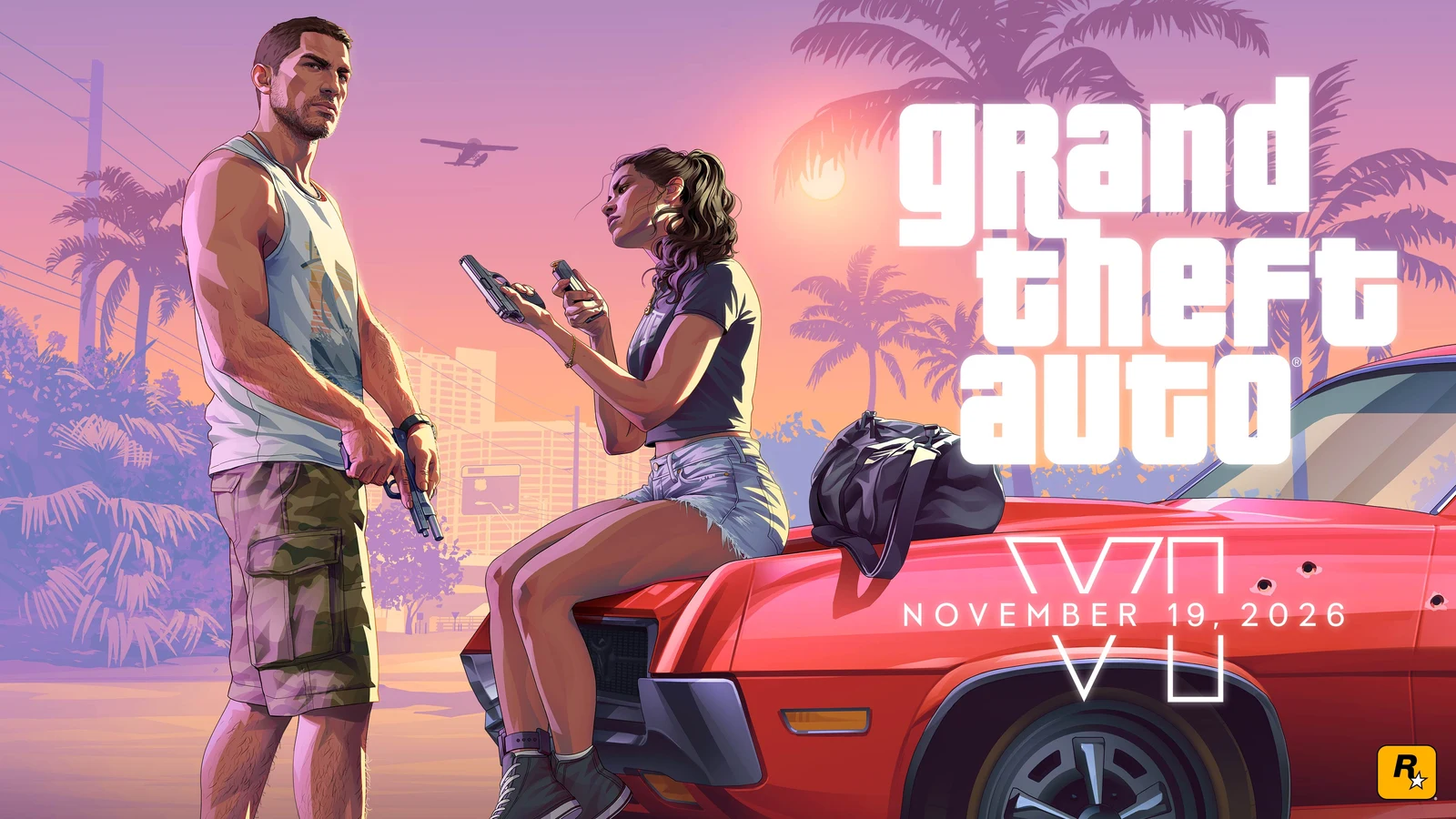 Rockstar's official GTA VI artwork shows Jason standing beside Lucia on a red car, with the game logo and November 19, 2026 date.