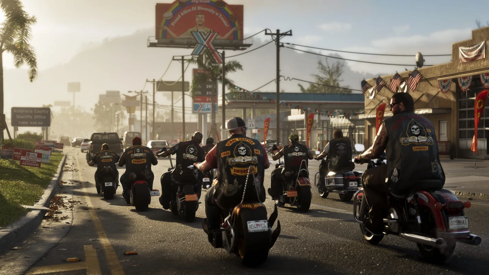 A biker gang riding through Ambrosia in Grand Theft Auto VI