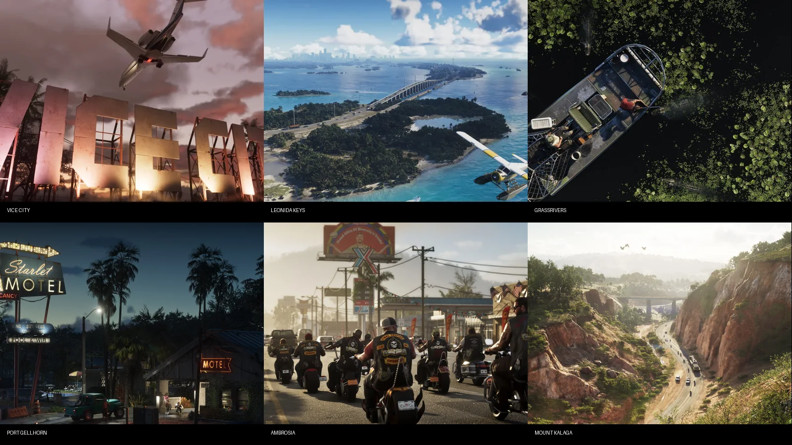 Vice City, Leonida Keys, Grassrivers, Port Gellhorn, Ambrosia and Mount Kalaga in GTA VI
