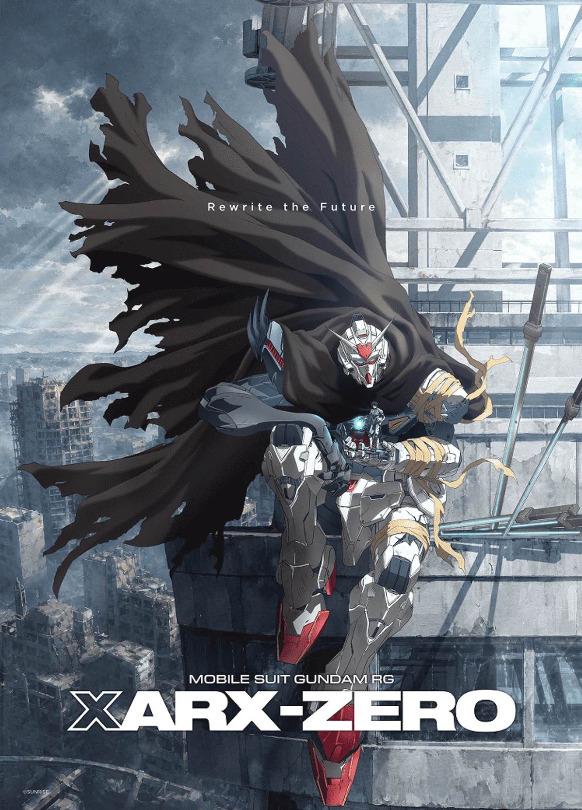 Official key visual for Mobile Suit Gundam RG XARX-ZERO, showing the Gundam ZERO mobile suit leaping from a ruined tower above a devastated city, with the tagline 'Rewrite the Future.'
