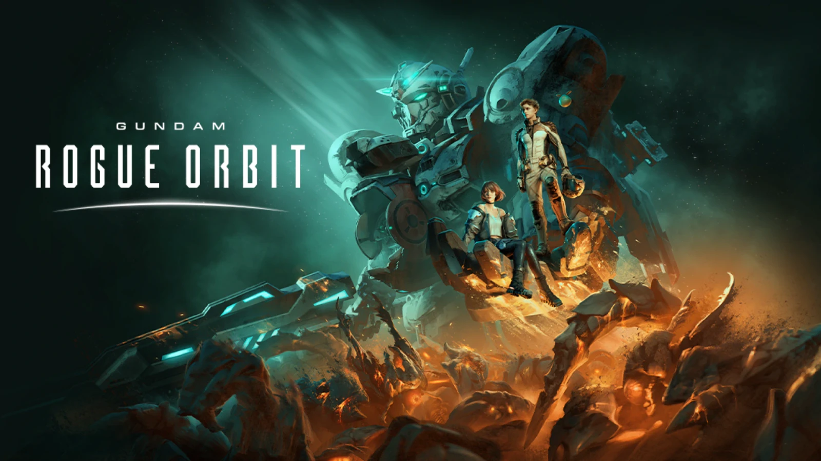 Official Gundam Rogue Orbit key art showing RE-X and Vii sitting on the Gundam Helix's arm above a horde of enemies, with the game's logo.