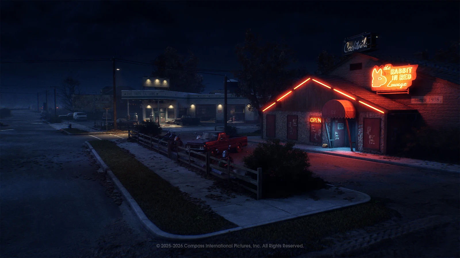 Official screenshot from Halloween: The Game showing the Rabbit in Red Lounge and a gas station at night in Haddonfield.