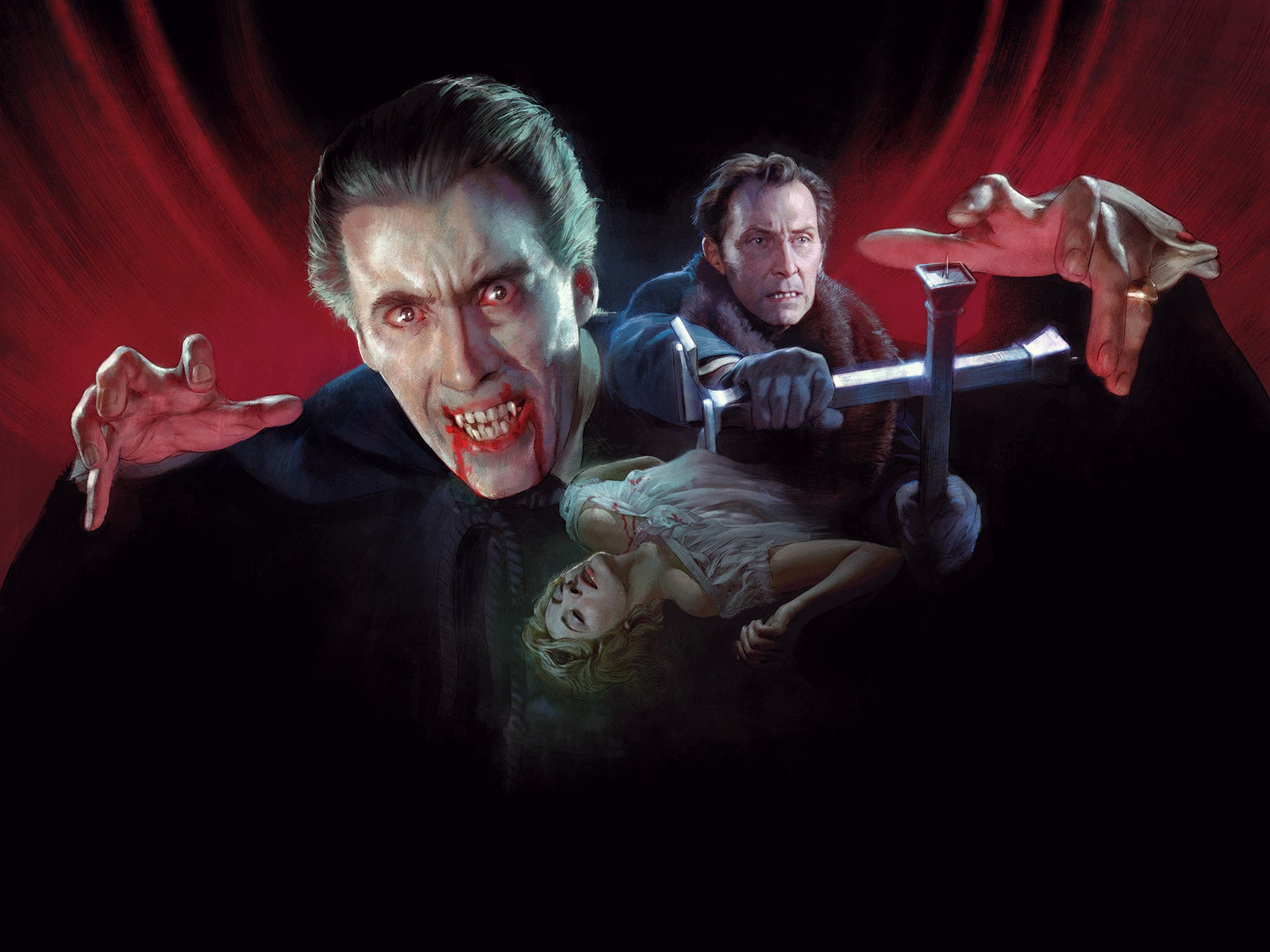 Hammer's Dracula restoration artwork showing Christopher Lee as Dracula, Peter Cushing as Van Helsing, and a woman in white.