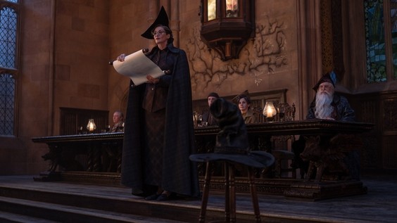Janet McTeer as Professor McGonagall presiding over the Sorting Ceremony beside the Sorting Hat in the Great Hall, from HBO's September 2026 Harry Potter promotional material.