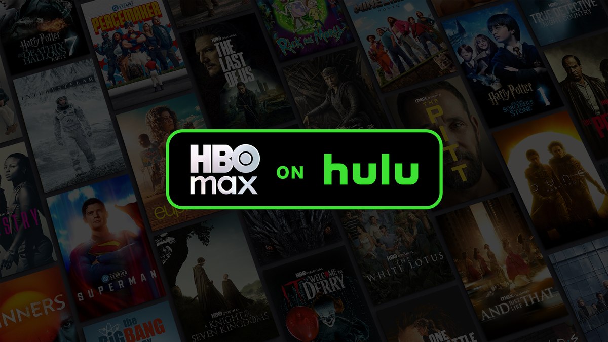 Official HBO Max on Hulu key art showing a collage of HBO Max titles including Harry Potter, House of the Dragon, The Pitt and The Last of Us.