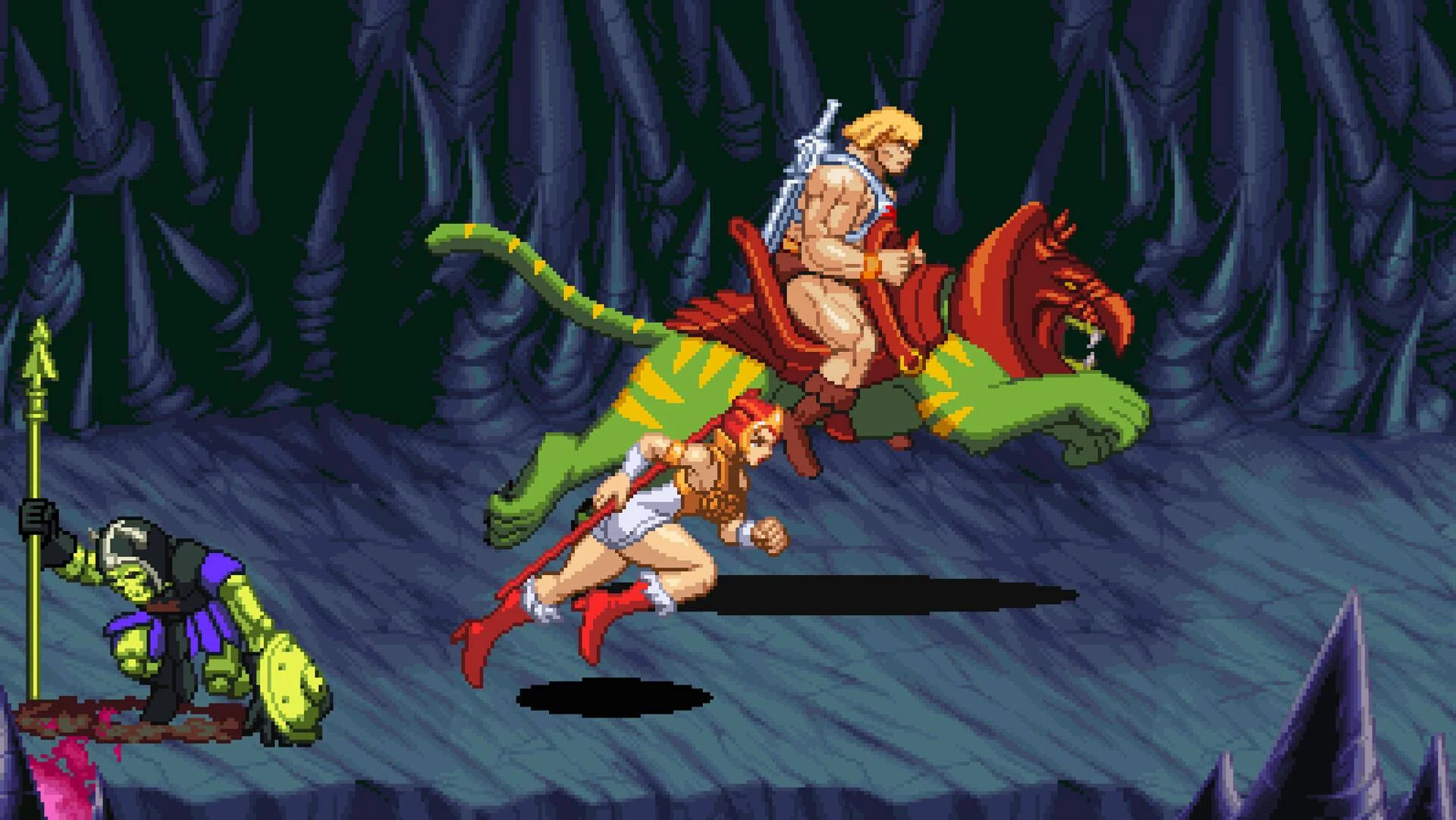 He-Man rides Battle Cat while Teela runs beside them in an official Dragon Pearl of Destruction gameplay screenshot.