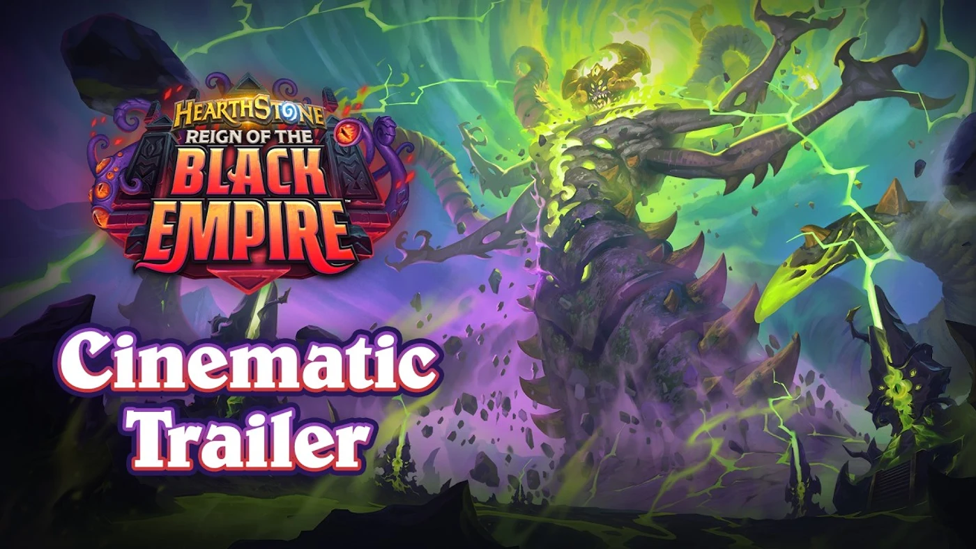 Official key art for Hearthstone: Reign of the Black Empire, showing a corrupted Old God monolith crackling with green Void energy.