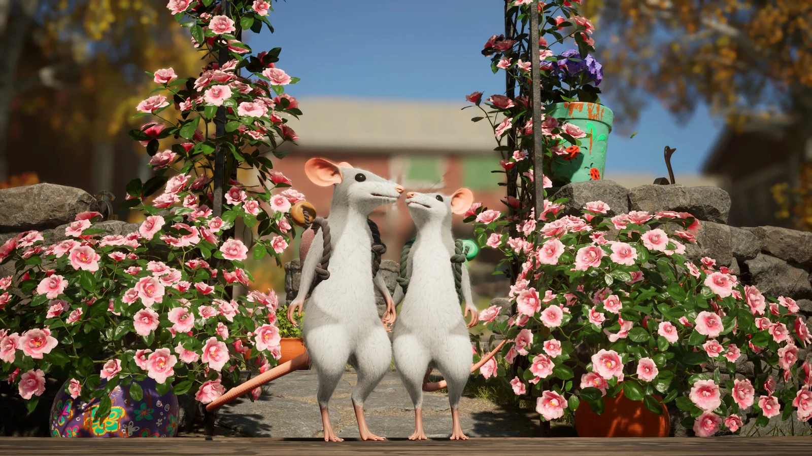 Two white mice wearing backpacks stand among pink roses in an official Hela game screenshot.