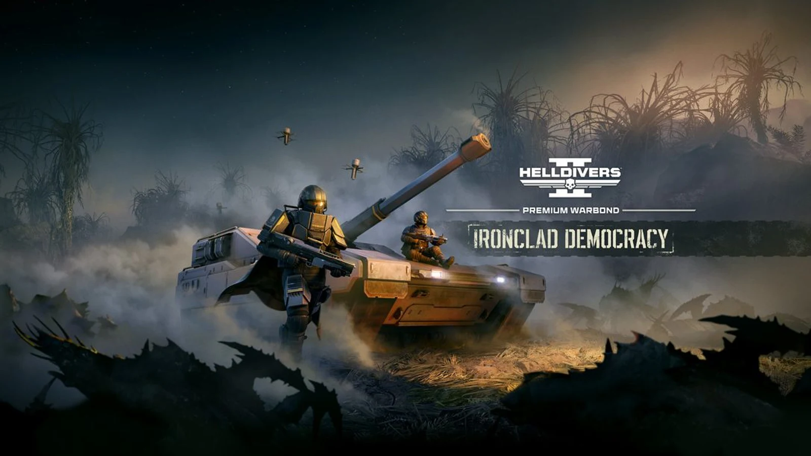 Official Helldivers 2 Ironclad Democracy Warbond key art showing armored Helldivers advancing with heavy vehicles.