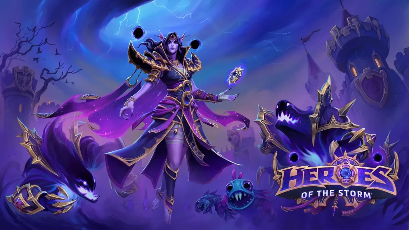Official key art for Xal'atath joining Heroes of the Storm, showing her floating above the Nexus with the Heroes of the Storm logo.