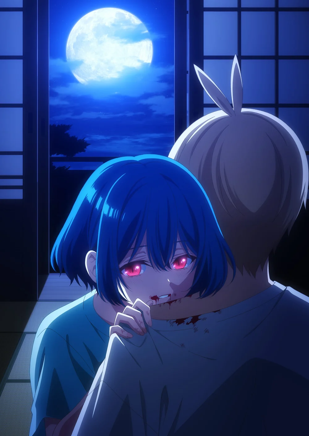 Yukie Hiragi leans toward Shota Minamoto's neck in the official moonlit teaser illustration for Hiragi-san's House of Vampires.