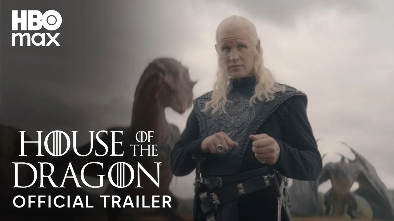 Matt Smith as Daemon Targaryen standing before dragons in the official House of the Dragon Season 3 trailer thumbnail.