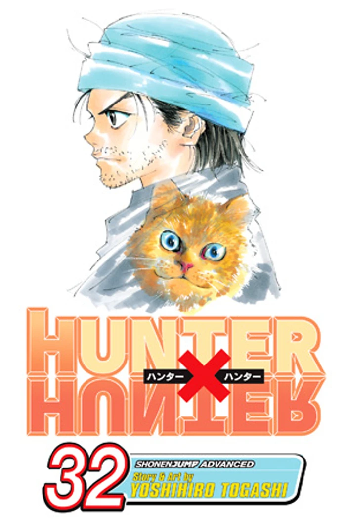 Official VIZ cover art for Hunter x Hunter Volume 32, showing Gon Freecss in a knit cap holding an orange cat, story and art by Yoshihiro Togashi.