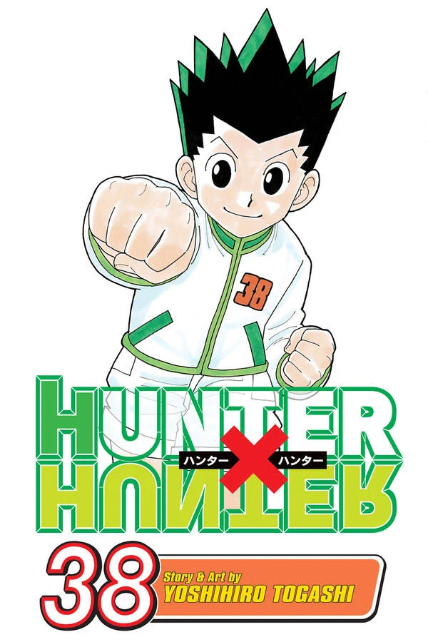 Official VIZ cover art for Hunter x Hunter Volume 38, showing Gon Freecss in a fighting stance, story and art by Yoshihiro Togashi.