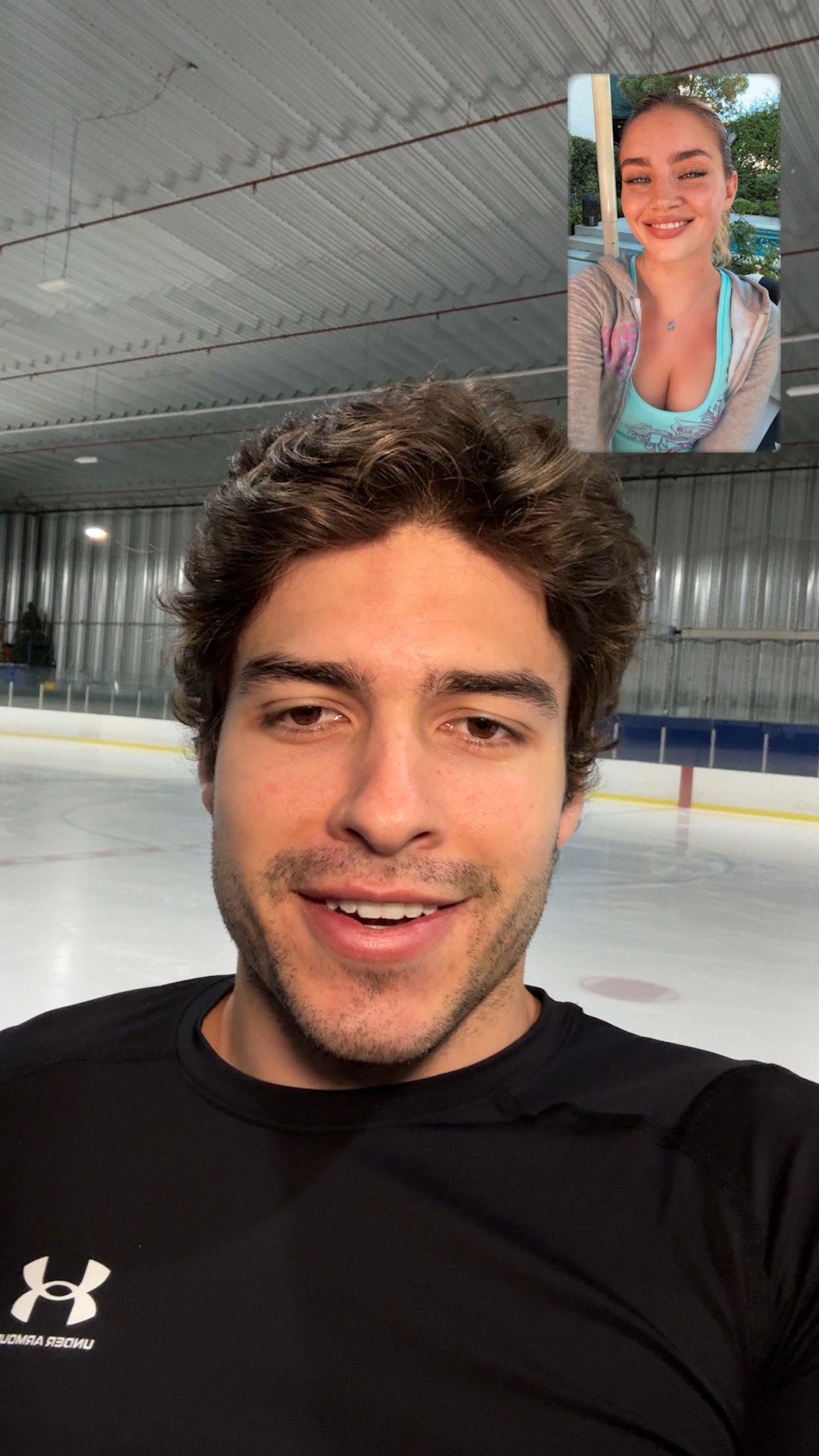 Connor Simos at an ice rink on a video call with Daisy Jelley, in Netflix's official Icebreaker cast introduction.