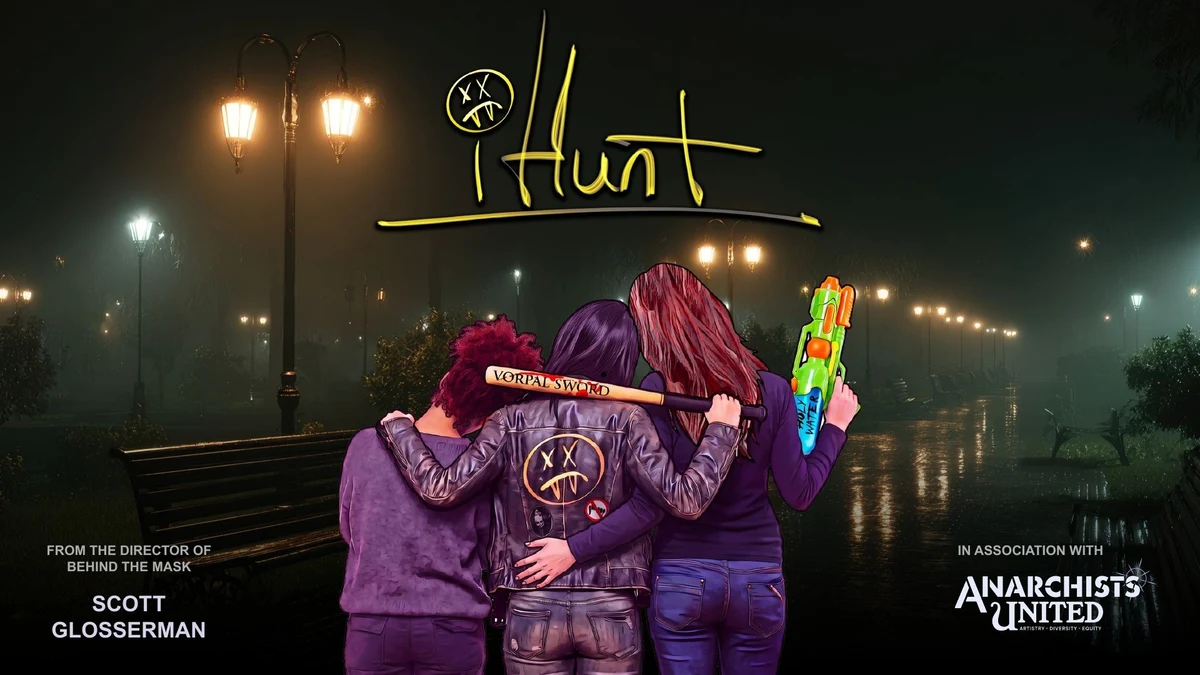 Three illustrated hunters seen from behind with a baseball bat and a bright water pistol beneath the iHunt logo in a lamplit park.
