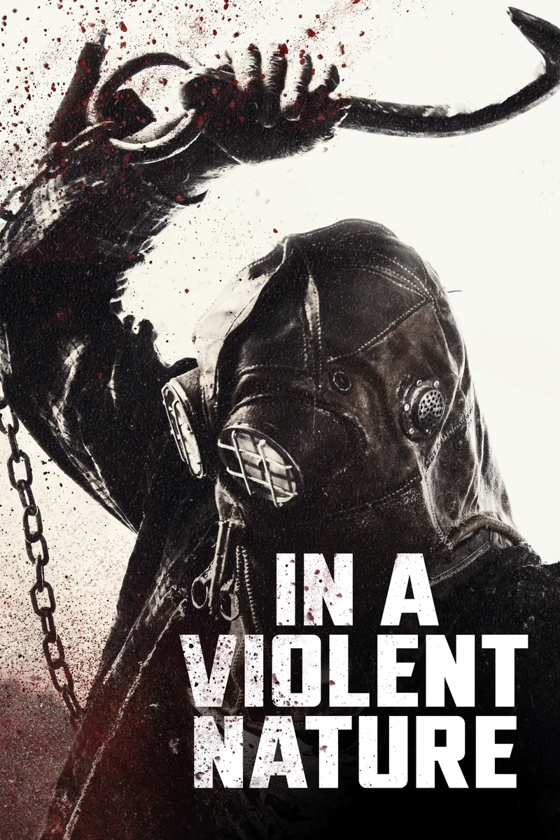 Johnny raises a hooked weapon on the official In a Violent Nature poster, with the original film’s title beneath his firefighter mask.