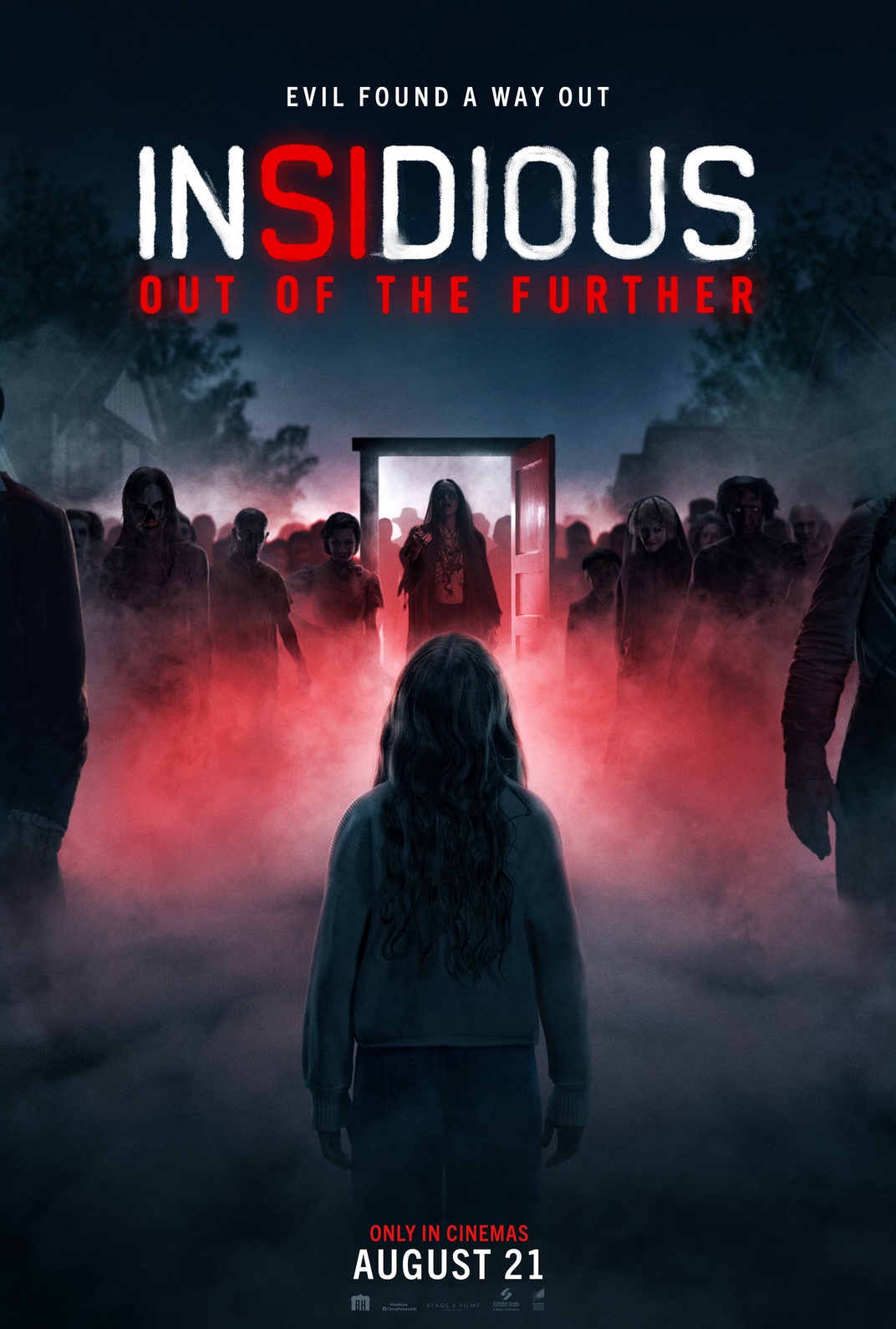 Official Insidious: Out of the Further theatrical poster showing a red door surrounded by spirits in the Further.