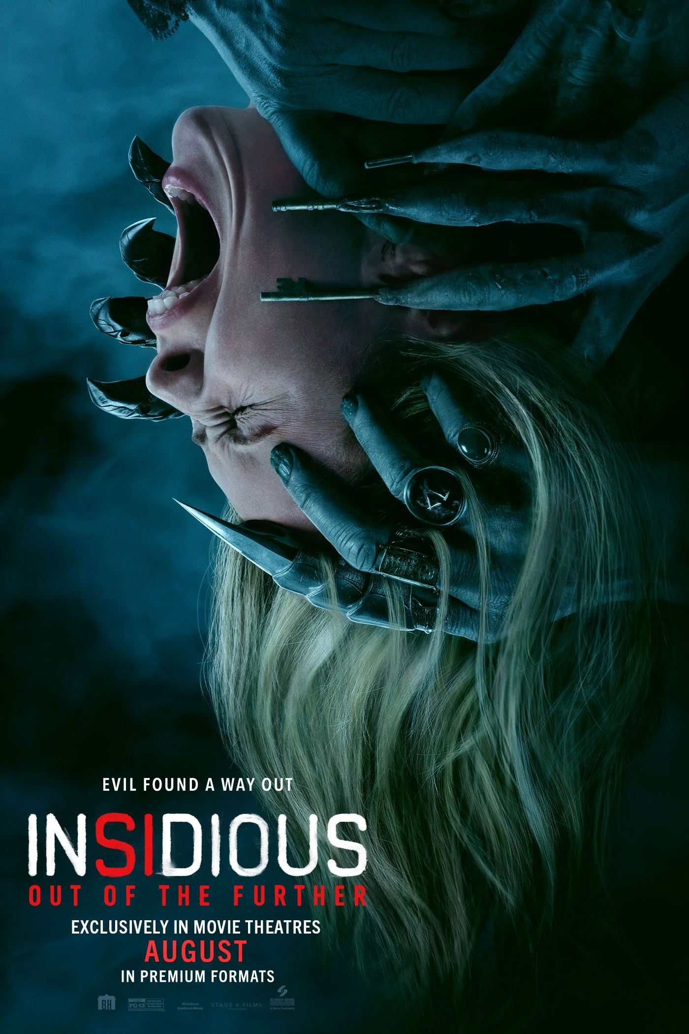 Official poster for Insidious: Out of the Further showing a terrified woman surrounded by dark hands