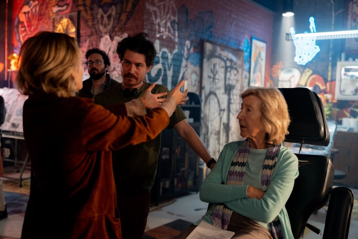 Lin Shaye as Elise Rainier with director Jacob Chase on the set of Insidious: Out of the Further.