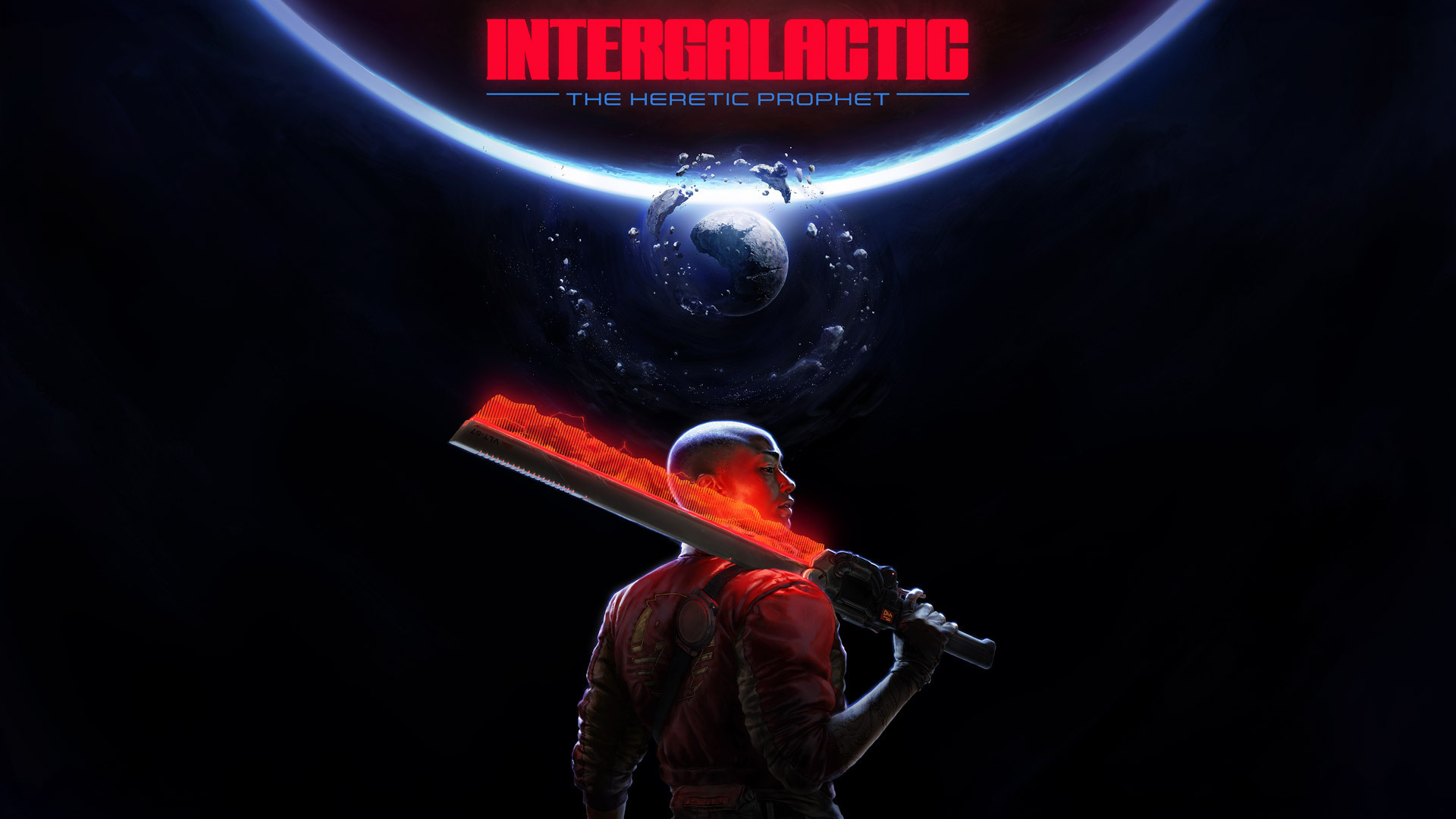 Official Intergalactic: The Heretic Prophet key art showing Jordan A. Mun with a glowing red weapon beneath the game's logo and a distant planet.