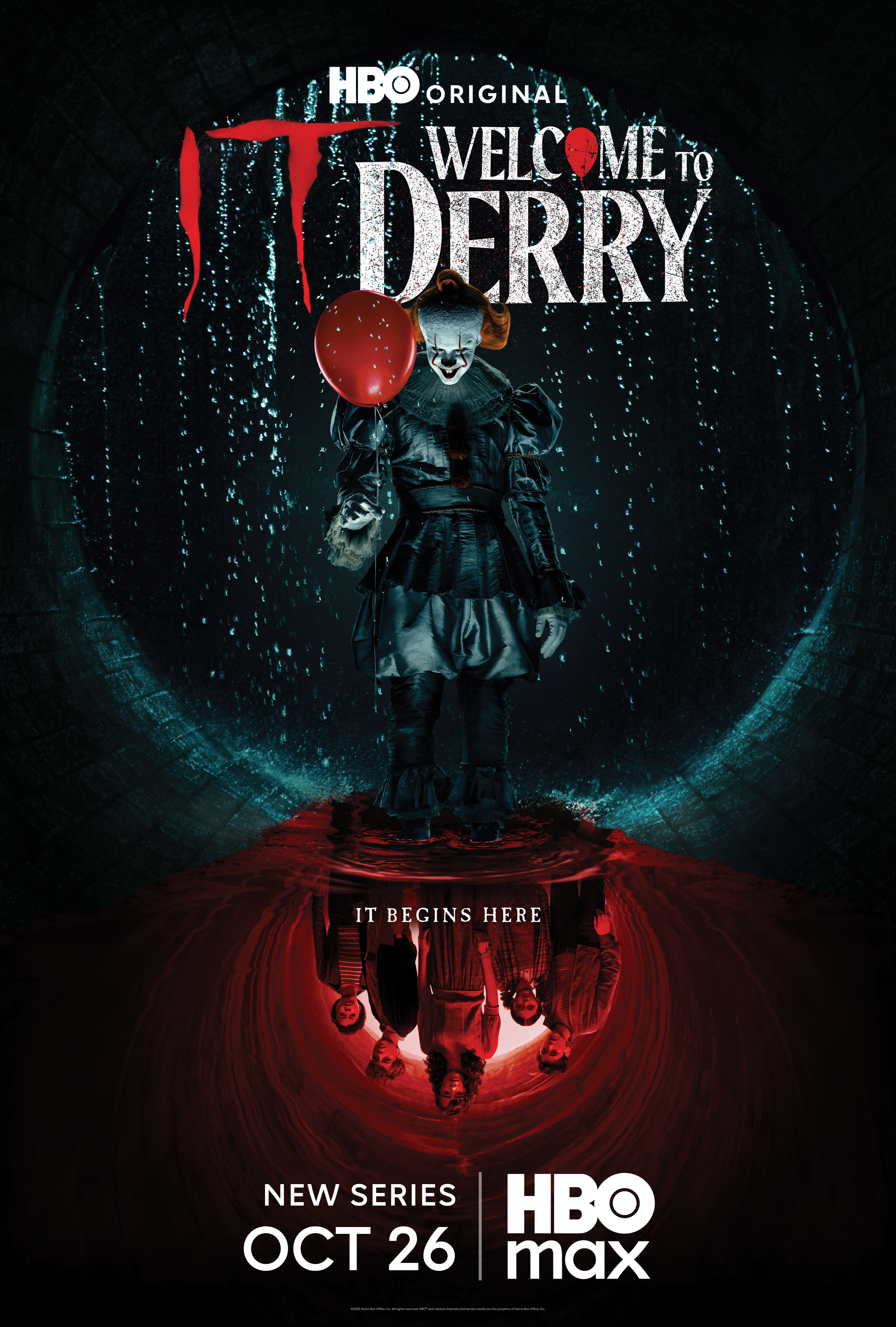 Official IT: Welcome to Derry key art featuring Pennywise in a sewer tunnel with a red balloon.