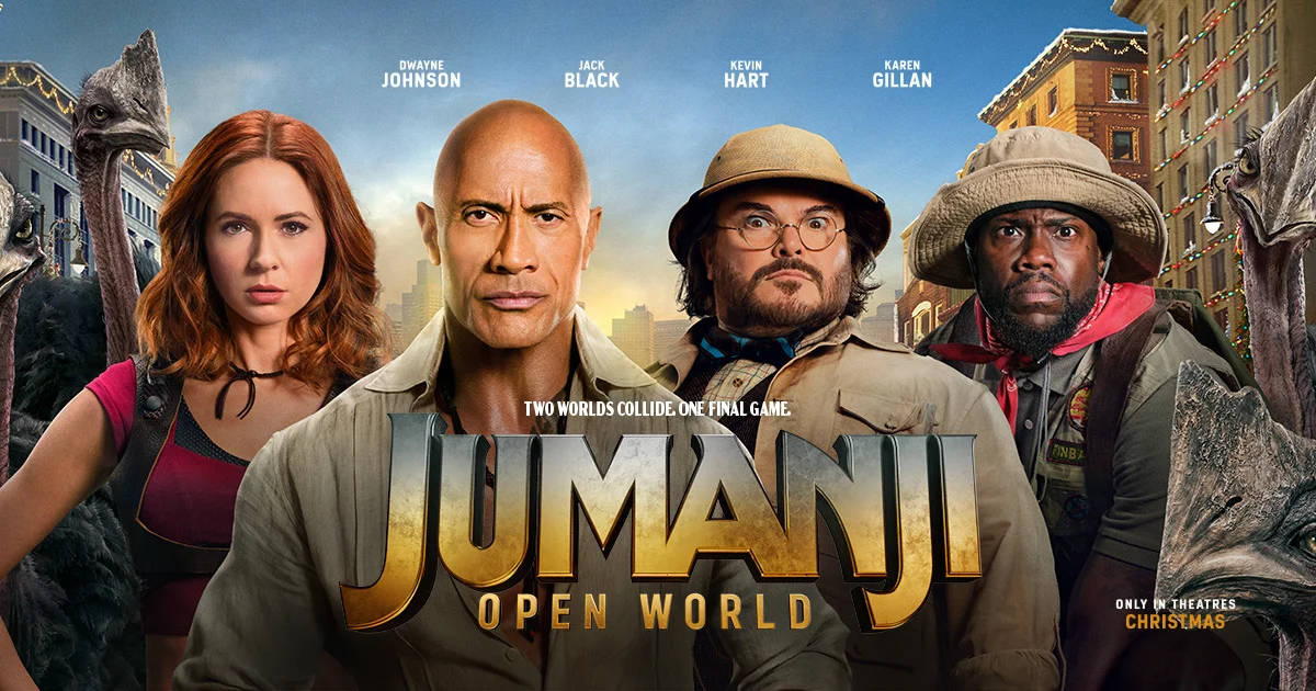 Ruby Roundhouse, Dr. Smolder Bravestone, Professor Shelly Oberon and Mouse Finbar stand on a city street beside giant birds in the official Jumanji: Open World key art.