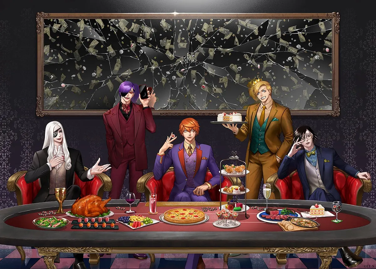 Five Junket Bank characters in colorful suits sit and stand around a banquet table beneath a framed image of shattered glass and flying banknotes.