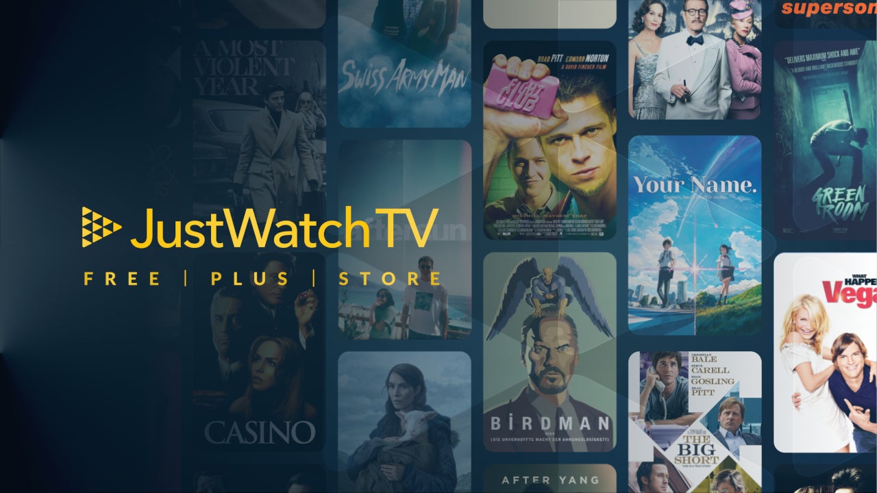 JustWatch TV launch artwork shows its Free, Plus and Store branding beside a collage of film posters.