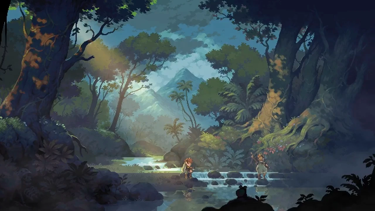Two pixel-art characters face one another beside a forest stream in Askiisoft's official Katana ZERO DLC development teaser.